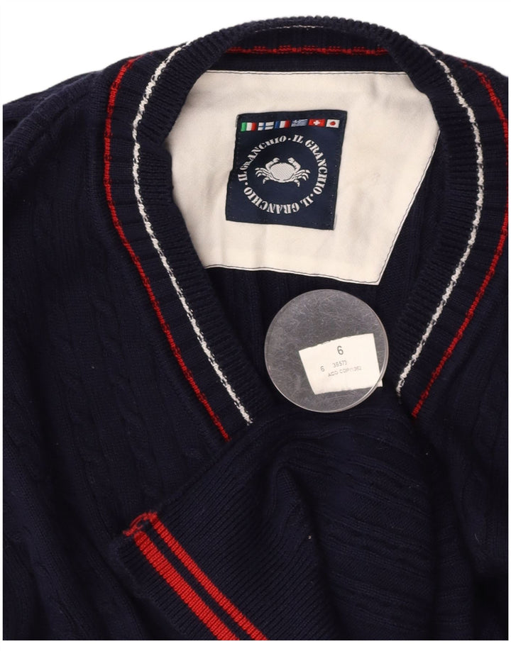 IL GRANCHIO Mens V-Neck Jumper Sweater Large Navy Blue Cotton