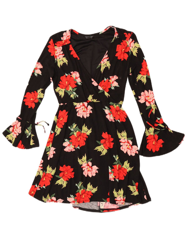 Topshop vestido feminino estampado de manga comprida evasê Reino Unido 10 pequeno preto floral