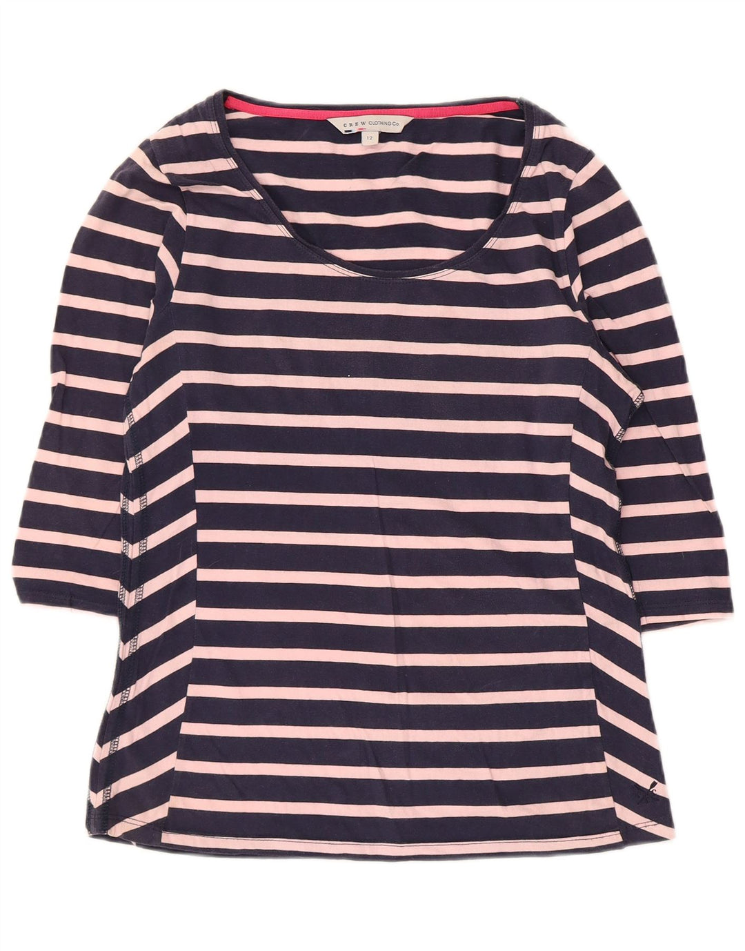 Crew Clothing Top feminino manga 3/4 Reino Unido 12 algodão listrado azul marinho médio
