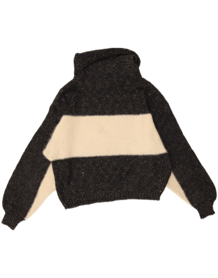 Suéter feminino vintage com gola redonda Reino Unido 14 lã colorblock médio preto