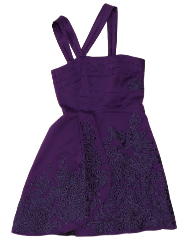 Vestido feminino Karen Millen sem ombro Reino Unido 10 poliéster floral roxo pequeno