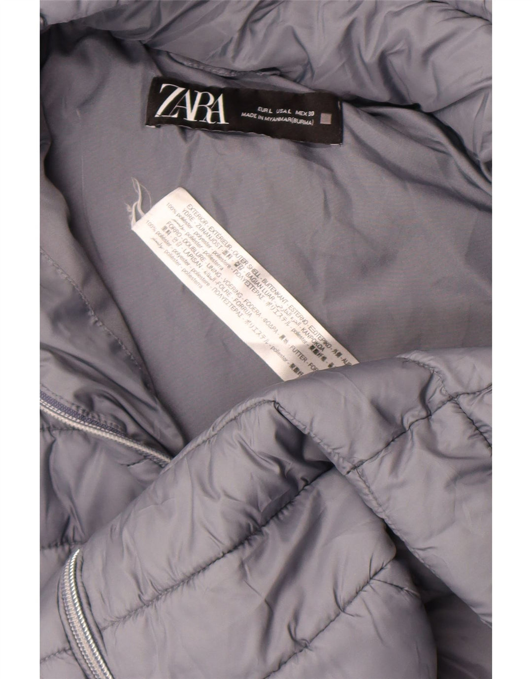 Jaqueta acolchoada com capuz feminina Zara UK 14 grande poliéster cinza