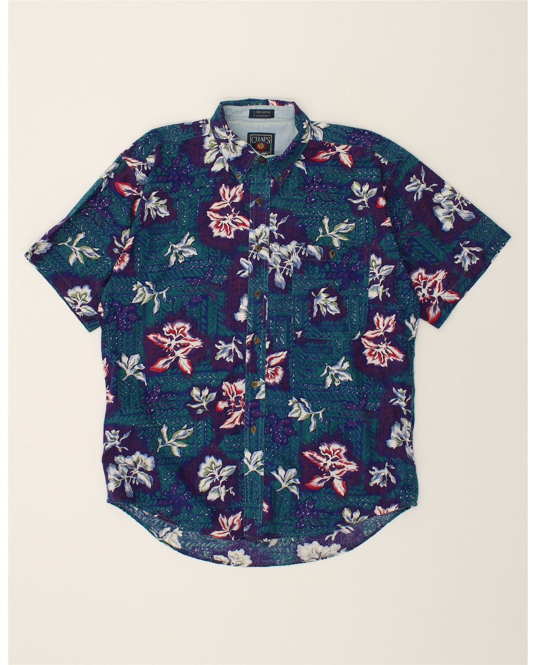 CHAPS Mens Short Sleeve Shirt Large Blue Floral Cotton Vintage Chaps and Second-Hand Chaps from Messina Hembry 