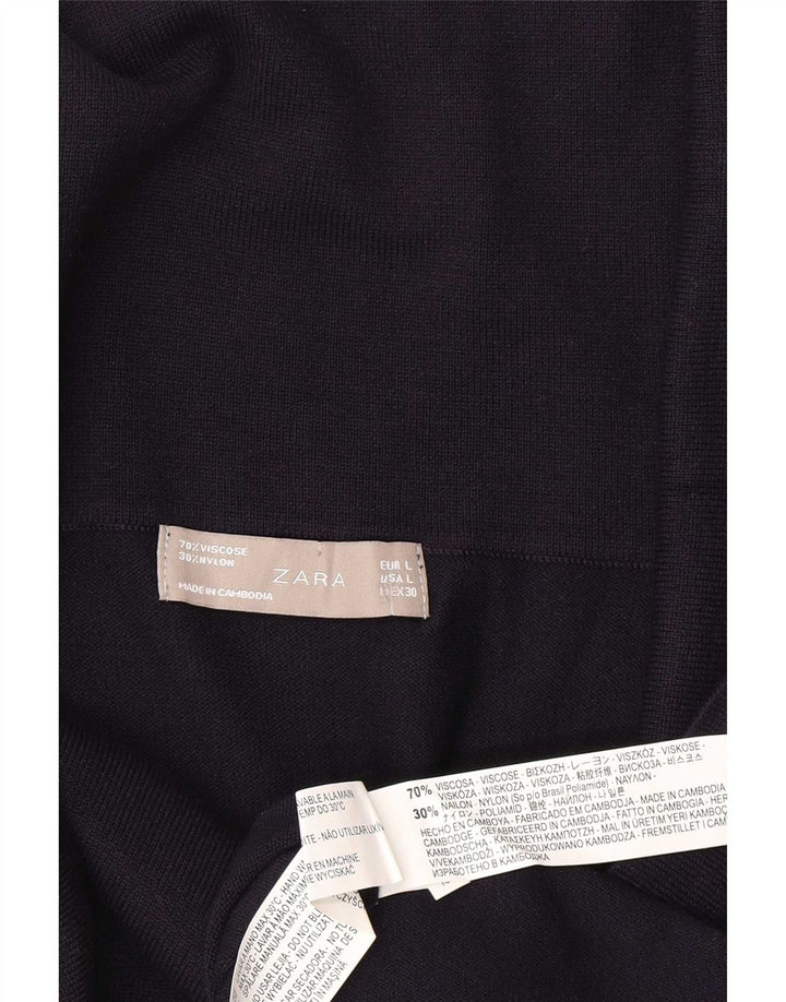 Top feminino Zara de manga comprida UK 14 grande viscose azul marinho