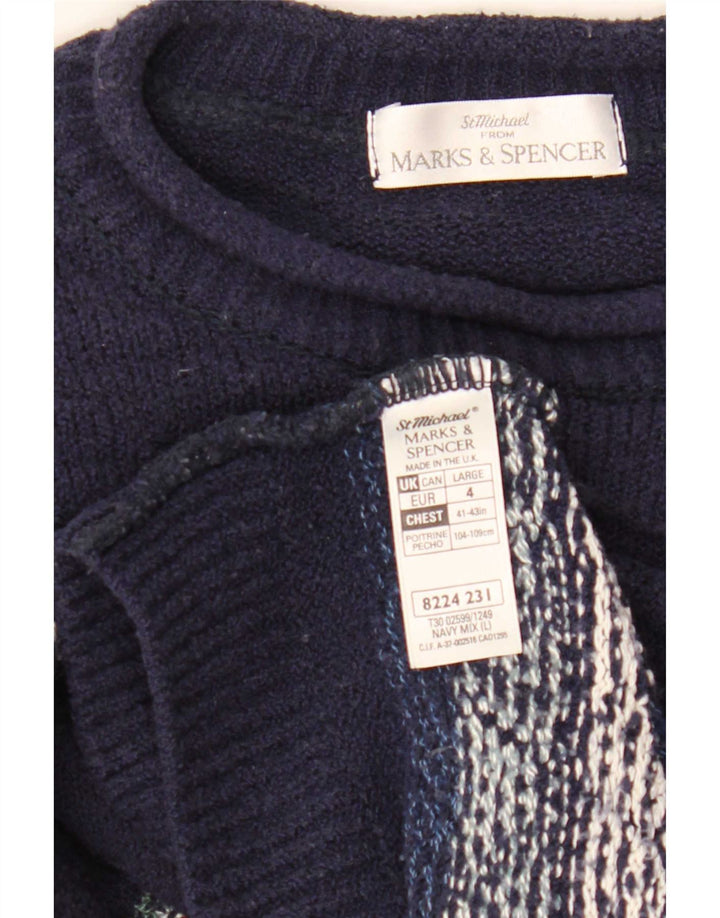 Suéter masculino Marks & Spencer com gola redonda grande azul marinho Fair Isle