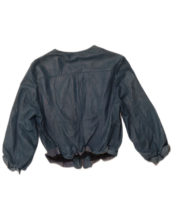 Jaqueta feminina de couro vintage manga 3/4 IT 44 couro azul médio