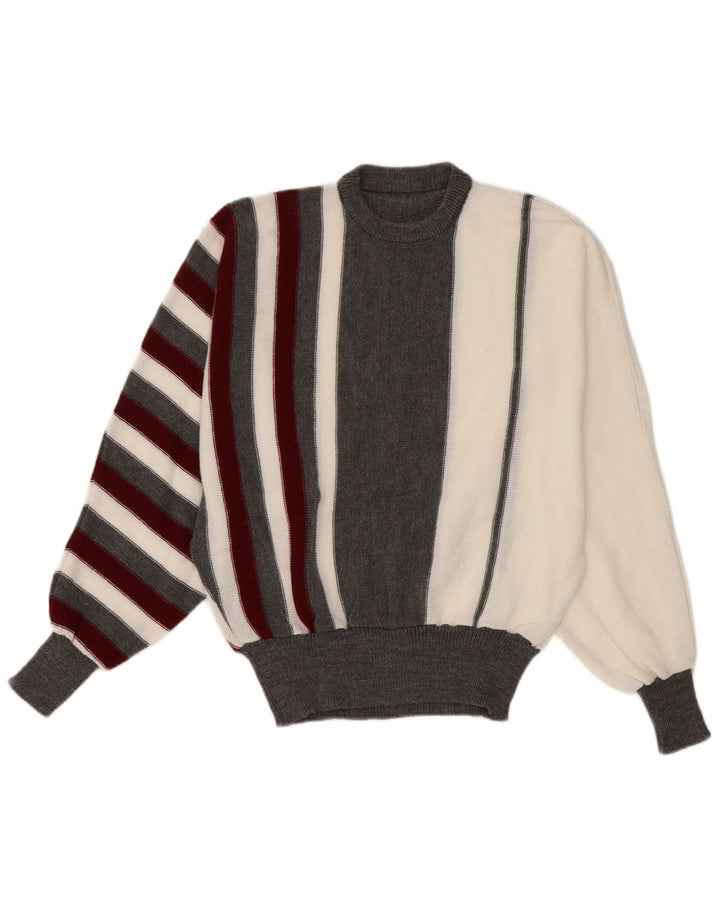 Suéter feminino vintage Batwing com gola redonda Reino Unido 14 listrado branco médio