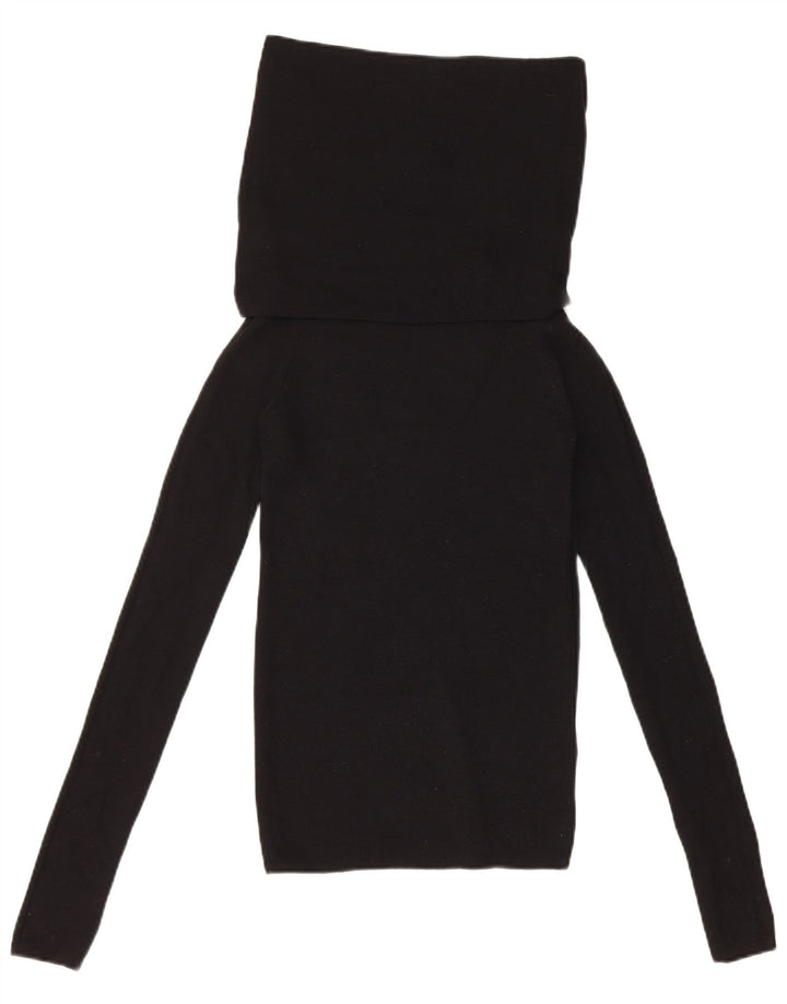Zara Top feminino com gola redonda e manga comprida UK 8 pequeno poliéster preto