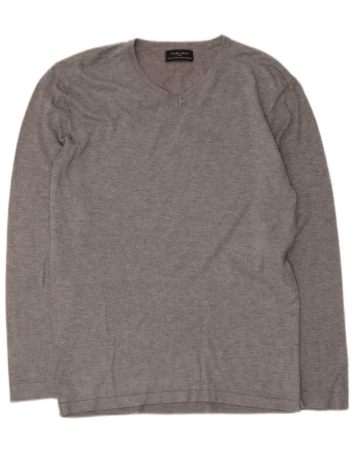 Zara Suéter masculino com decote em V pequeno viscose cinza