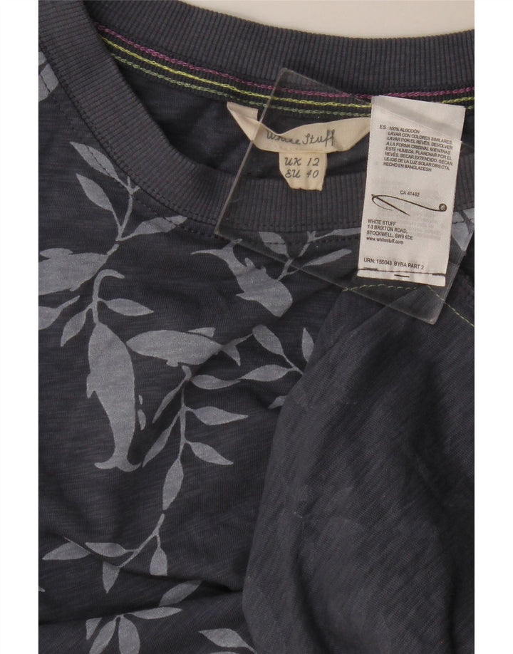 Top feminino White Stuff manga comprida UK 12 algodão floral cinza médio