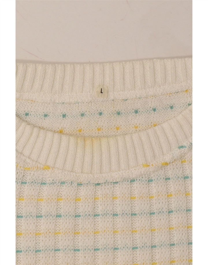 VINTAGE Mens Crew Neck Jumper Sweater Large White Striped Cotton Vintage Vintage and Second-Hand Vintage from Messina Hembry 