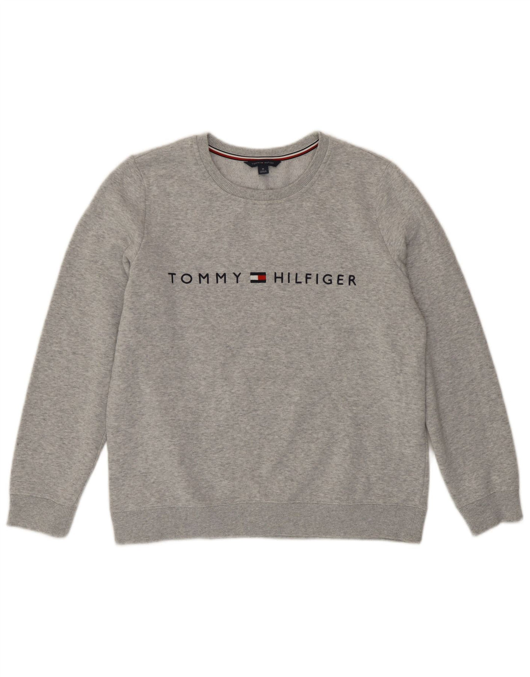 Tommy Hilfiger moletom gráfico feminino jumper UK 14 cinza médio manchado