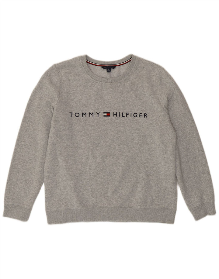 Tommy Hilfiger moletom gráfico feminino jumper UK 14 cinza médio manchado