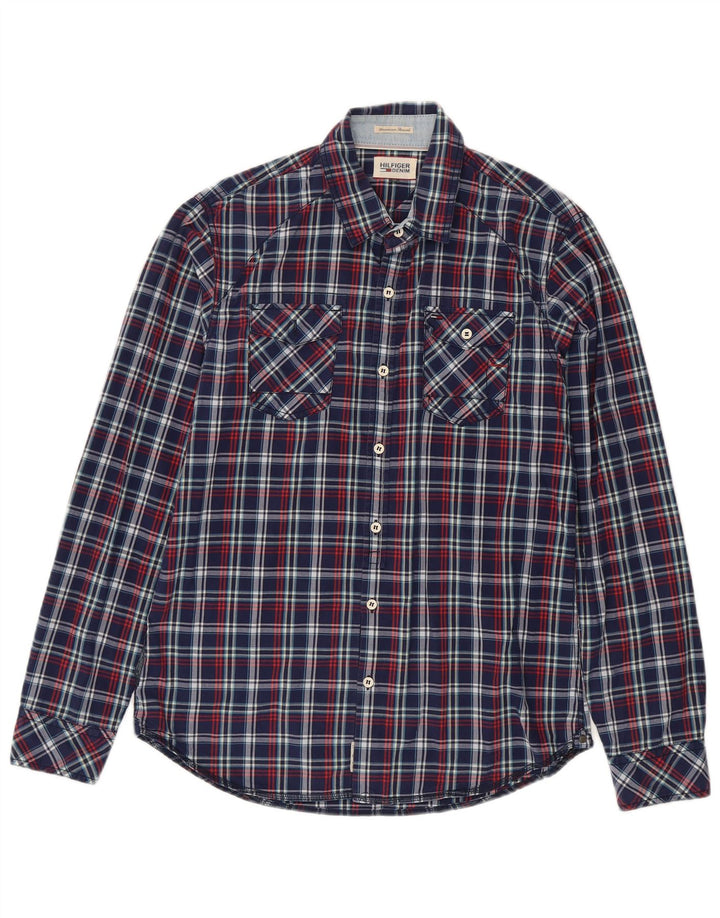 Camisa masculina Tommy Hilfiger média xadrez azul marinho algodão