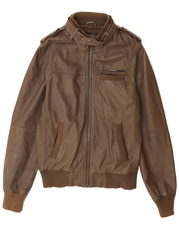 Jaqueta de couro militar feminina Superdry Reino Unido 16 grande couro marrom