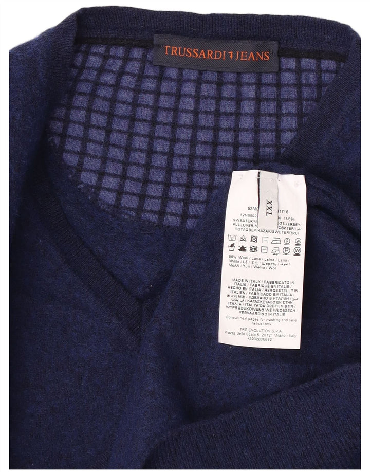 Suéter masculino TRUSSARDI com decote em V 2XL lã azul marinho