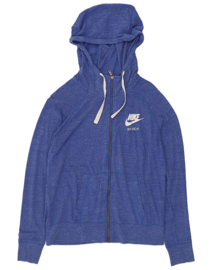 Suéter Nike feminino com capuz e zíper UK 14 algodão manchado azul médio