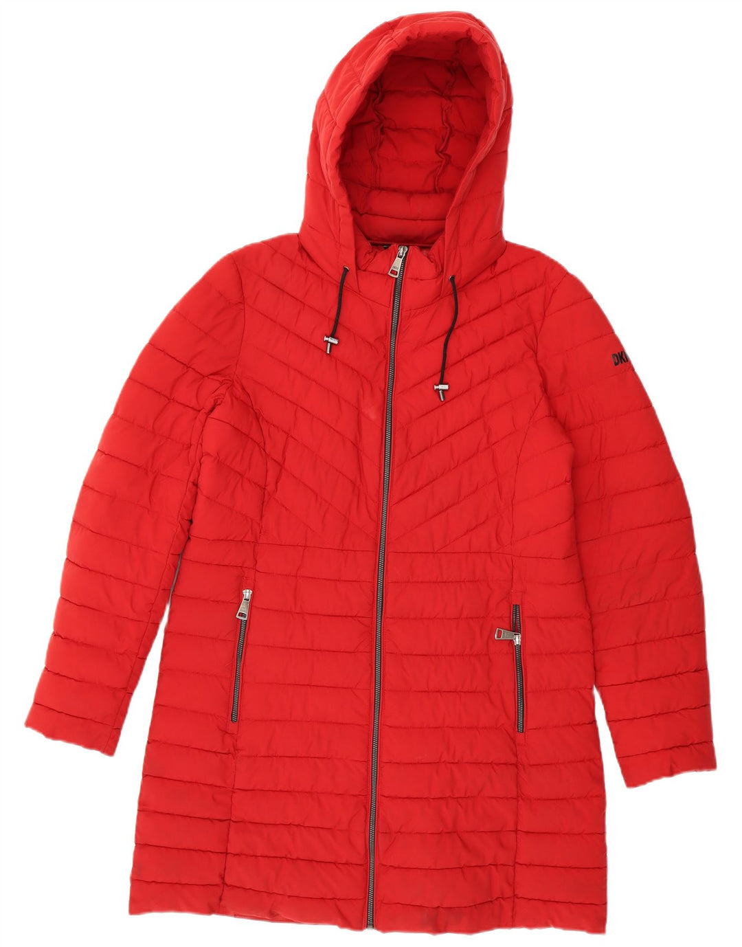 Casaco acolchoado com capuz feminino Dkny UK 16 grande poliéster vermelho