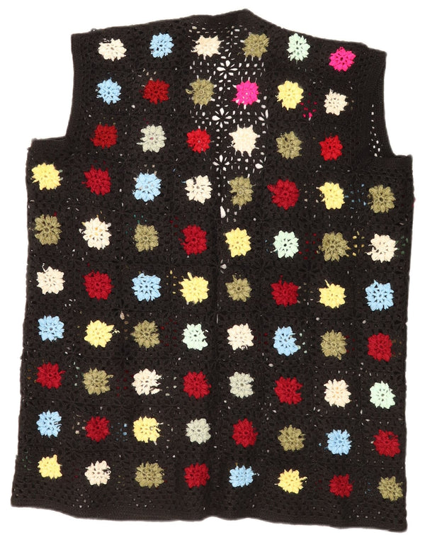 Suéter cardigã de crochê feminino vintage sem mangas Reino Unido 16 grande preto floral