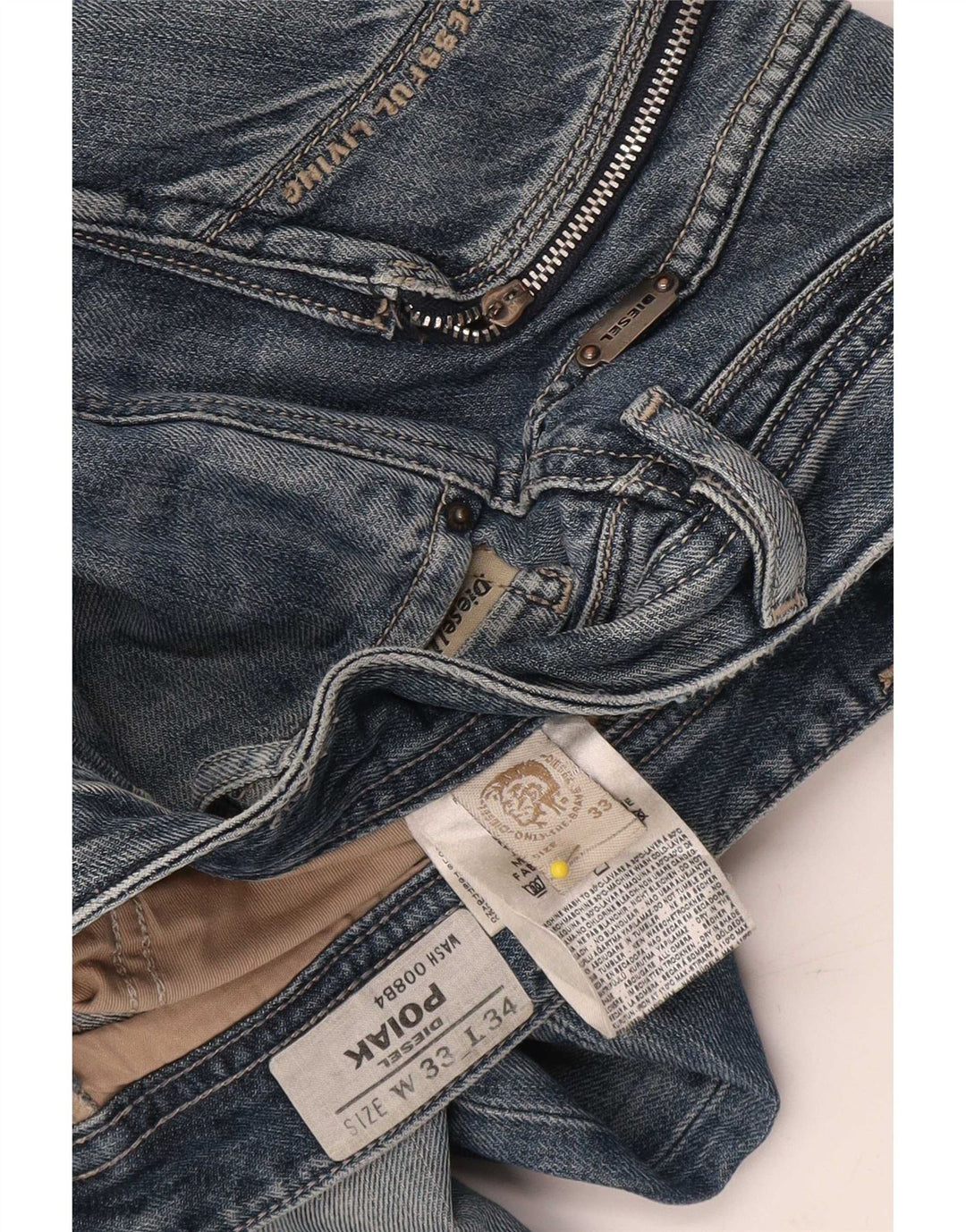 Diesel masculino Poiak jeans retos desgastados W33 L34 algodão azul