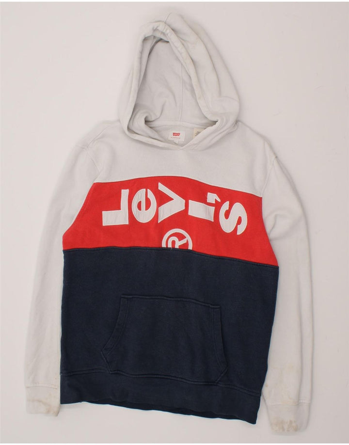 LEVI'S Mens Graphic Hoodie Jumper Large Navy Blue Colourblock Cotton Vintage Levi's and Second-Hand Levi's from Messina Hembry 