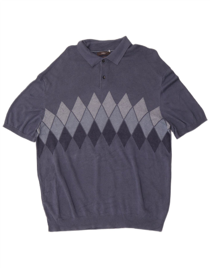 Suéter masculino Marks & Spencer com gola polo 2XL azul Argyle/Diamante