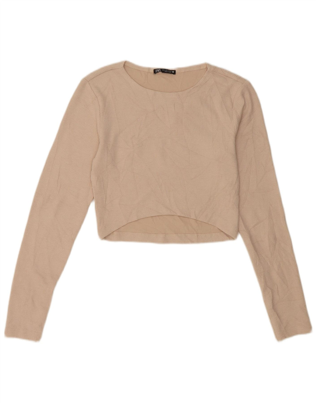 Zara Crop Top Feminino Manga Longa Reino Unido 14 Grande Poliéster Bege
