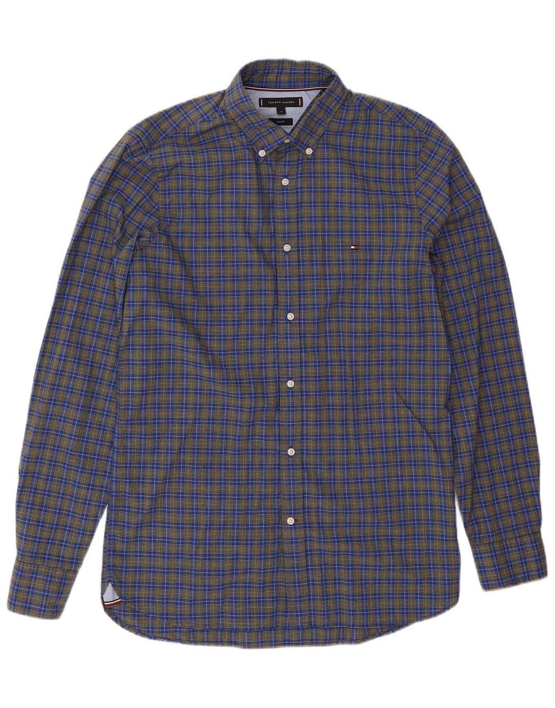 Tommy Hilfiger Camisa masculina Slim Fit de algodão xadrez azul médio