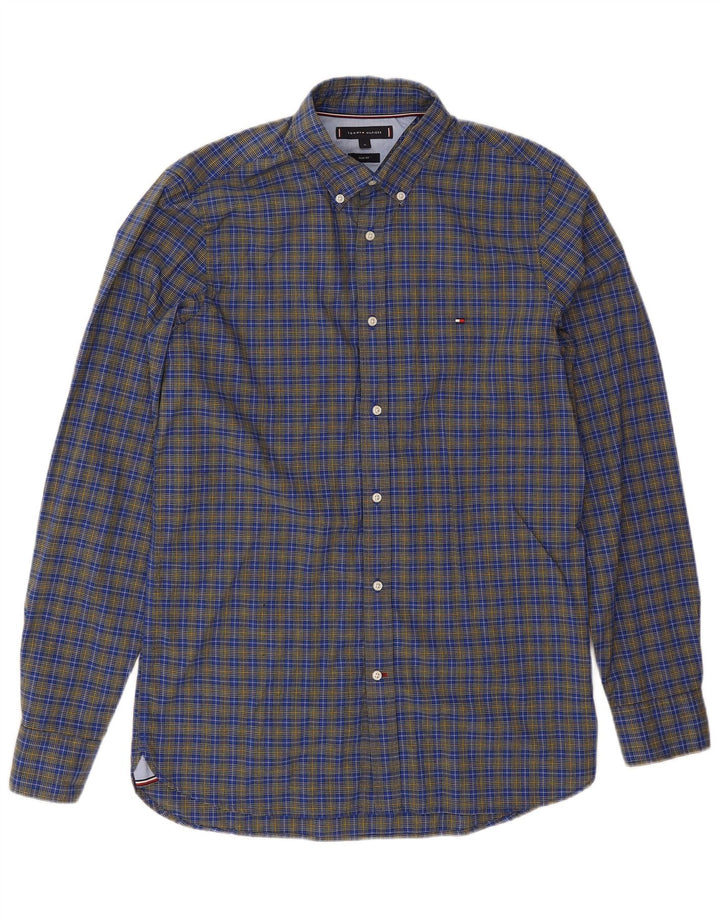 Tommy Hilfiger Camisa masculina Slim Fit de algodão xadrez azul médio