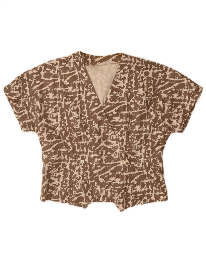 Blusa feminina vintage com estampa abstrata de manga curta Reino Unido 16 grande marrom