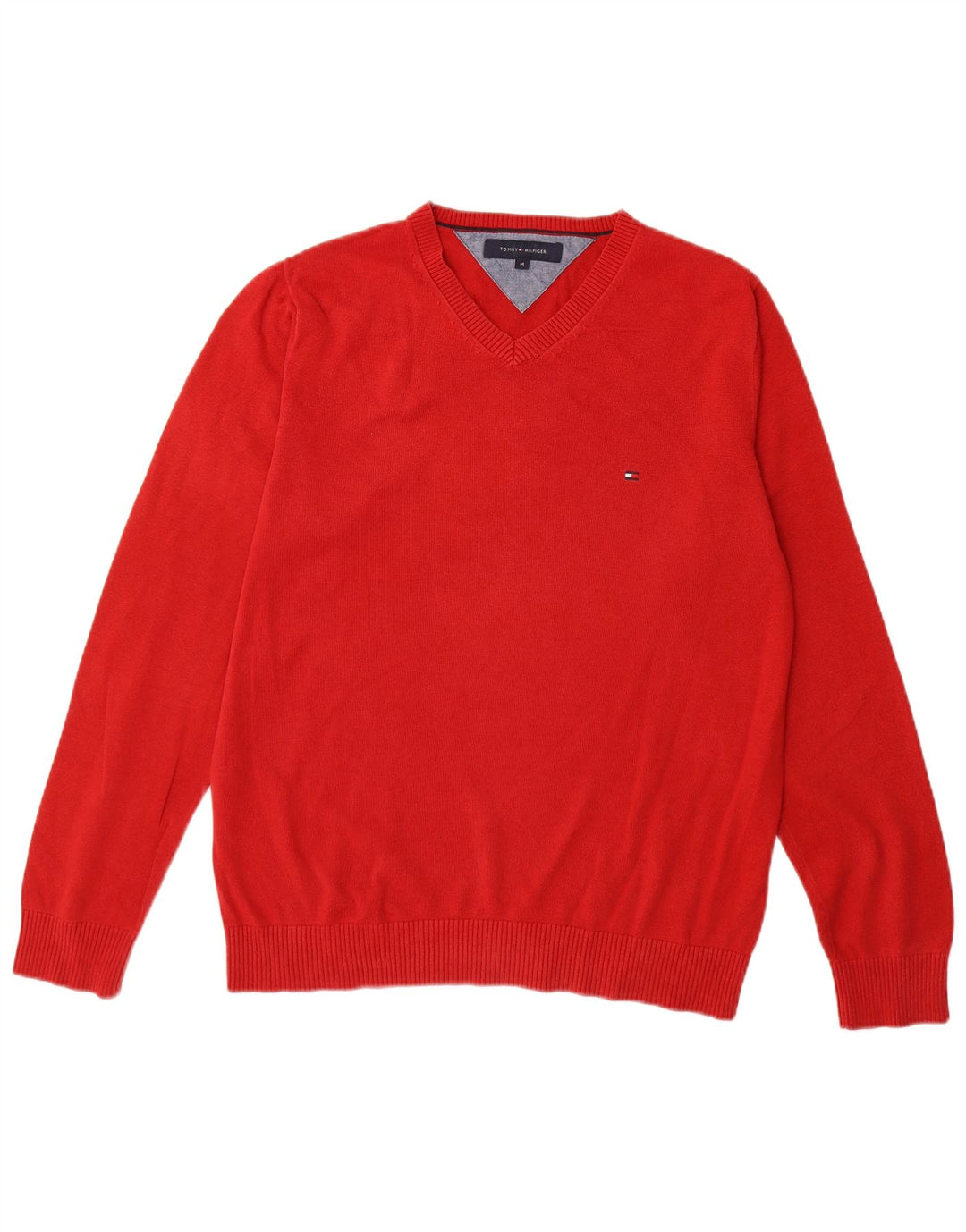 Suéter masculino TOMMY HILFIGER com decote em V de algodão vermelho médio