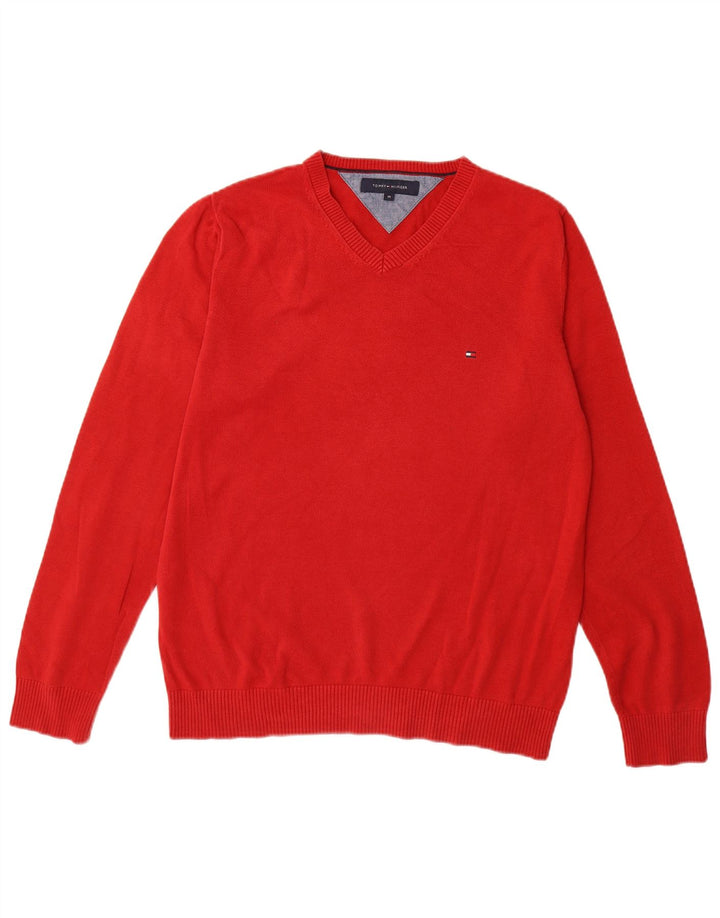 Suéter masculino TOMMY HILFIGER com decote em V de algodão vermelho médio