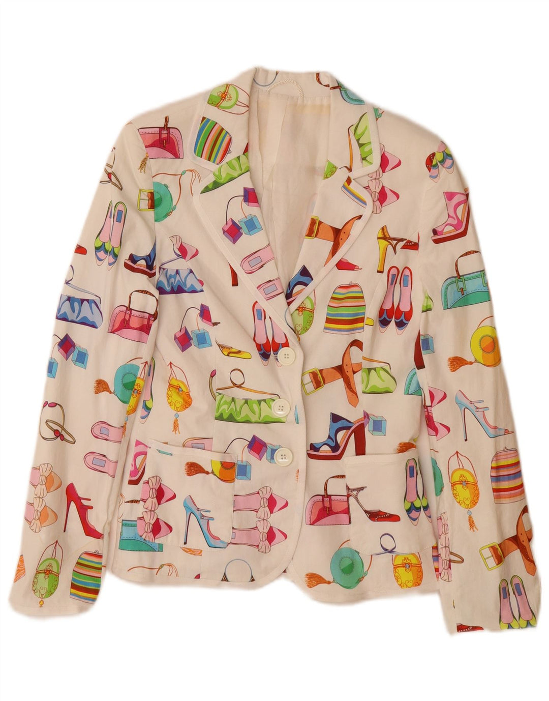 Jaqueta blazer feminina vintage com padrão abstrato Reino Unido 12 algodão branco médio