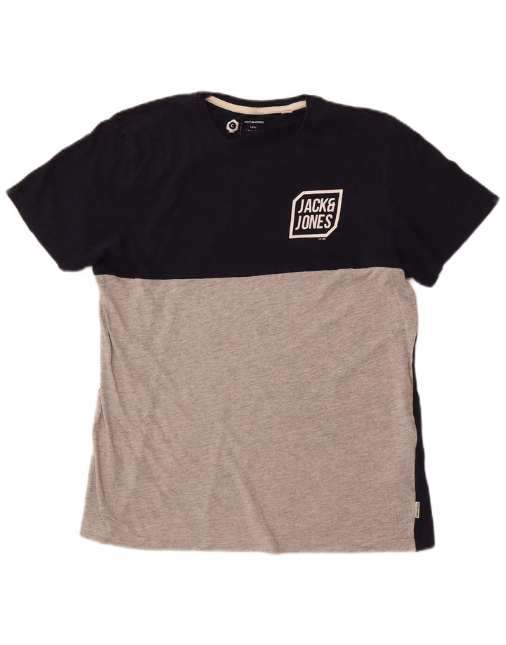 JACK & JONES Camiseta masculina Top médio azul marinho algodão colorblock