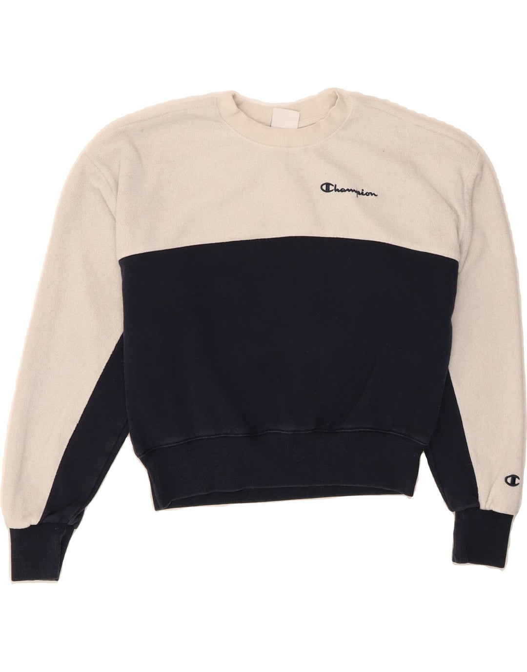 CHAMPION Womens Oversized Crop Fleece Jumper UK 6 XS White Colourblock Vintage Champion and Second-Hand Champion from Messina Hembry 
