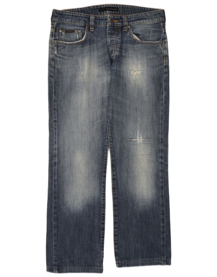 Calça jeans reta masculina Calvin Klein desgastada W34 L28 azul