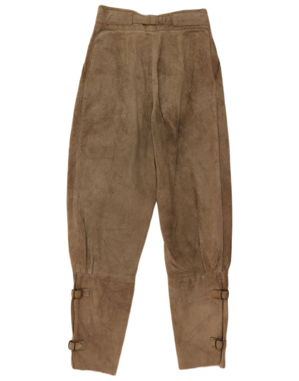 Calça feminina vintage de camurça com peg EU 36 pequena W26 L27 couro bege