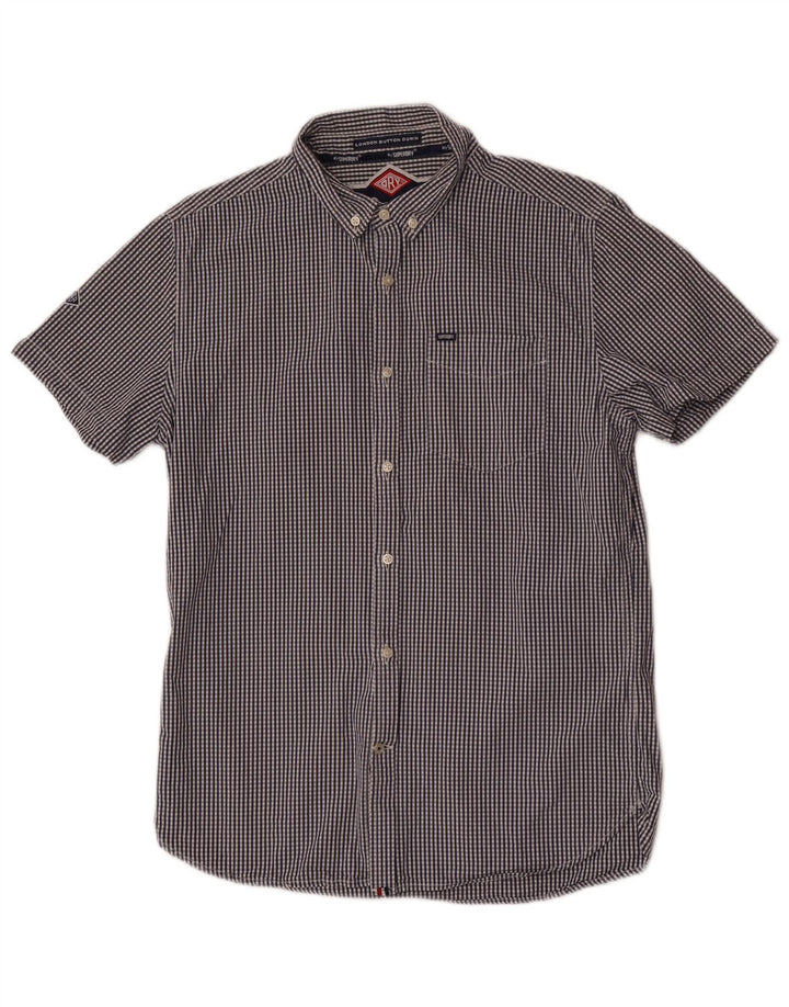 Camisa masculina Superdry de manga curta grande algodão guingão azul marinho