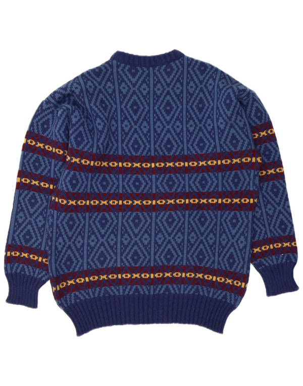 Suéter vintage masculino com gola redonda IT 54 XL azul geométrico de lã de alpaca