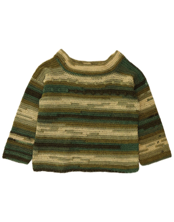 Suéter feminino vintage com gola canoa e gola redonda Reino Unido 14 listrado verde médio