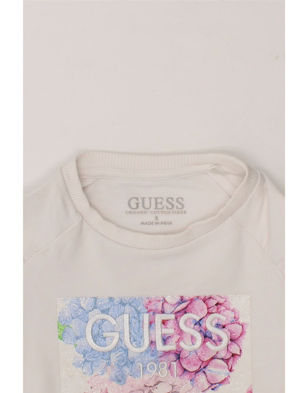 GUESS Girls Graphic Sweatshirt Jumper 4-5 Years White Cotton Vintage Guess and Second-Hand Guess from Messina Hembry 