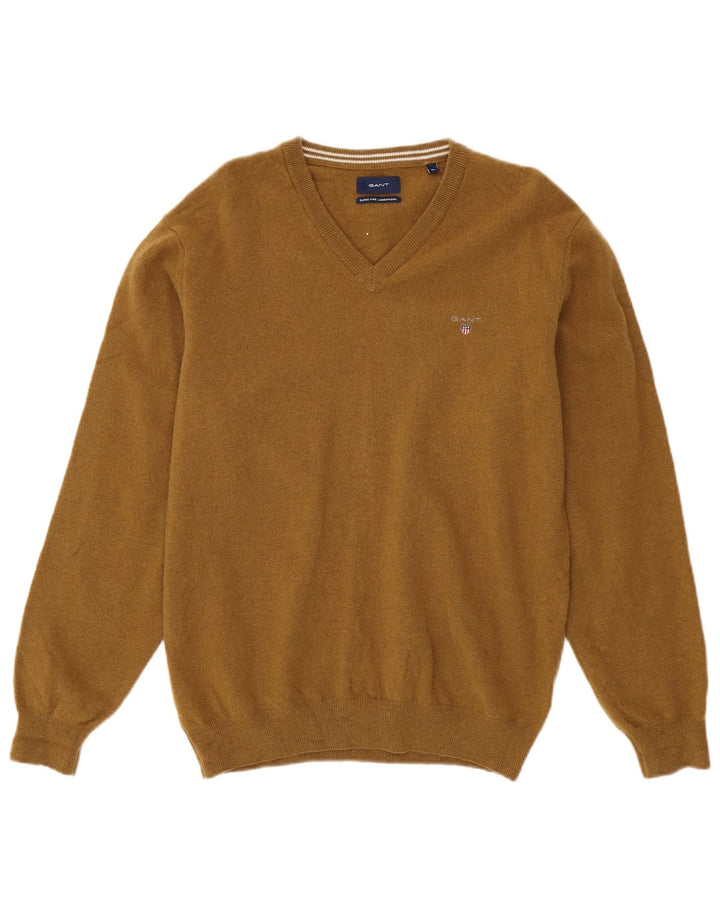 Suéter masculino GANT com decote em V XL lã de cordeiro cáqui