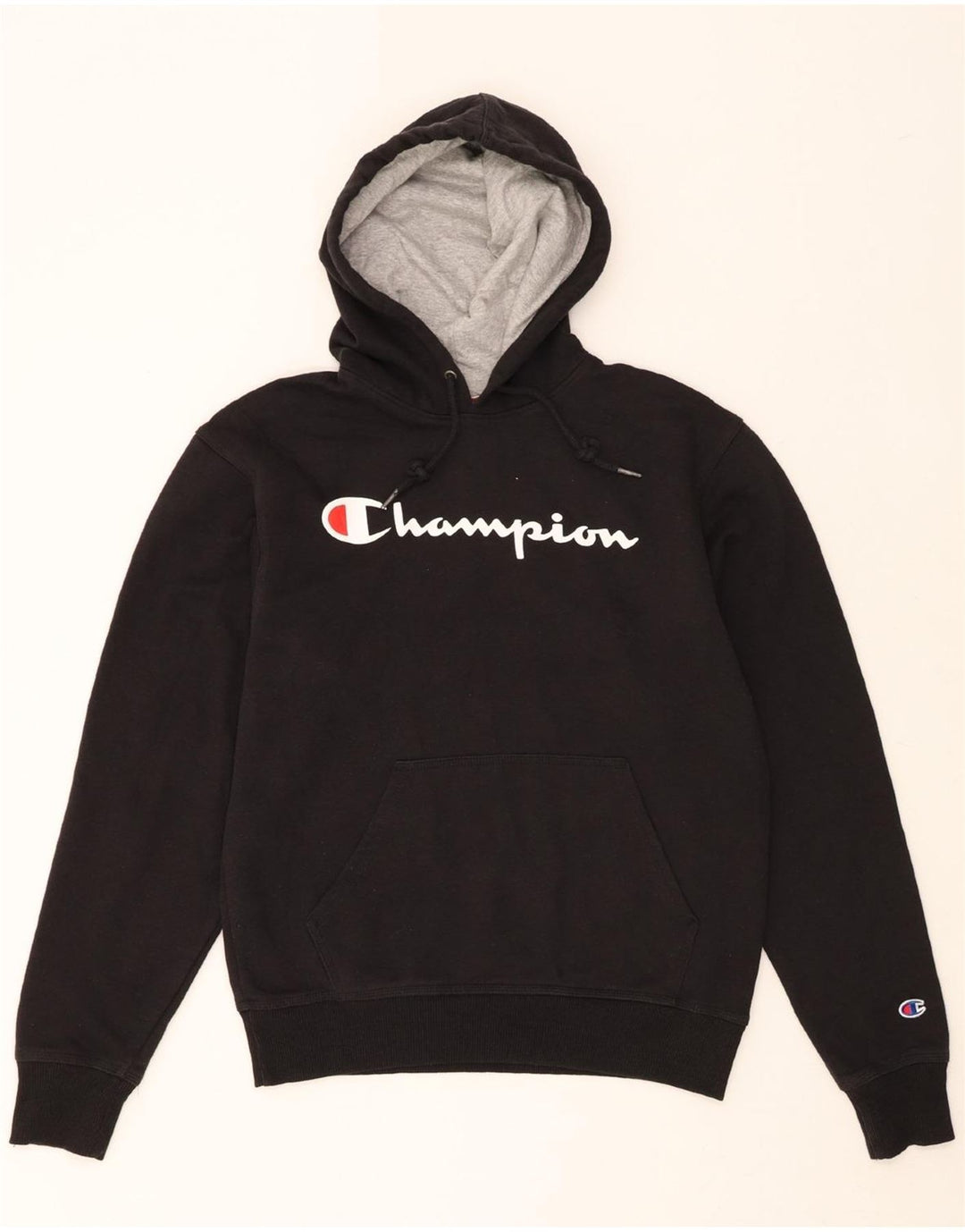 CHAMPION Mens Graphic Hoodie Jumper Small Black Cotton Vintage Champion and Second-Hand Champion from Messina Hembry 