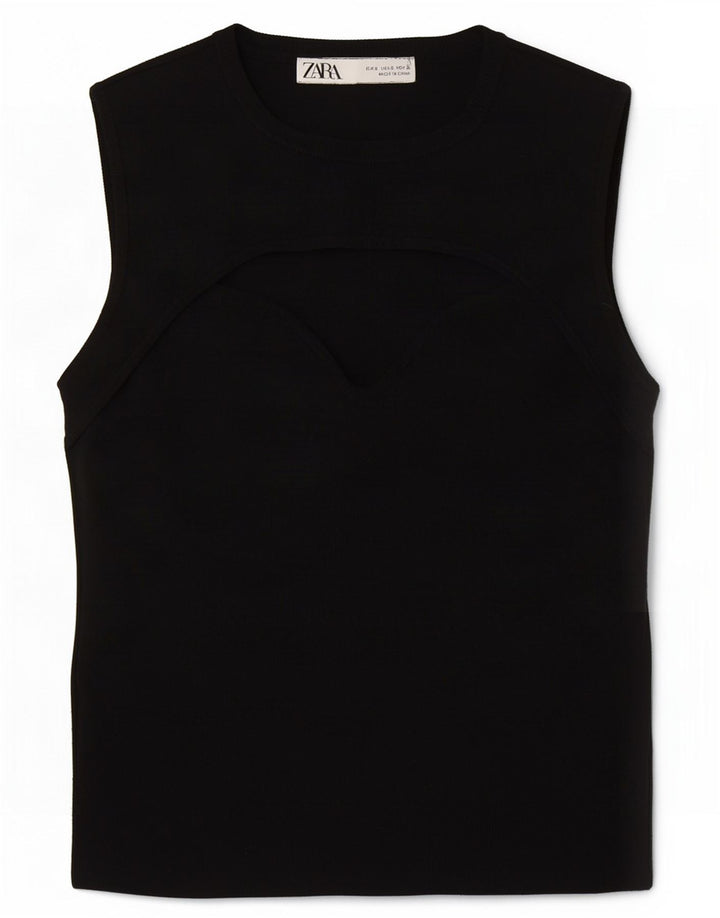 Zara Womens Crop Vest Top UK 8 Pequeno Poliéster Preto