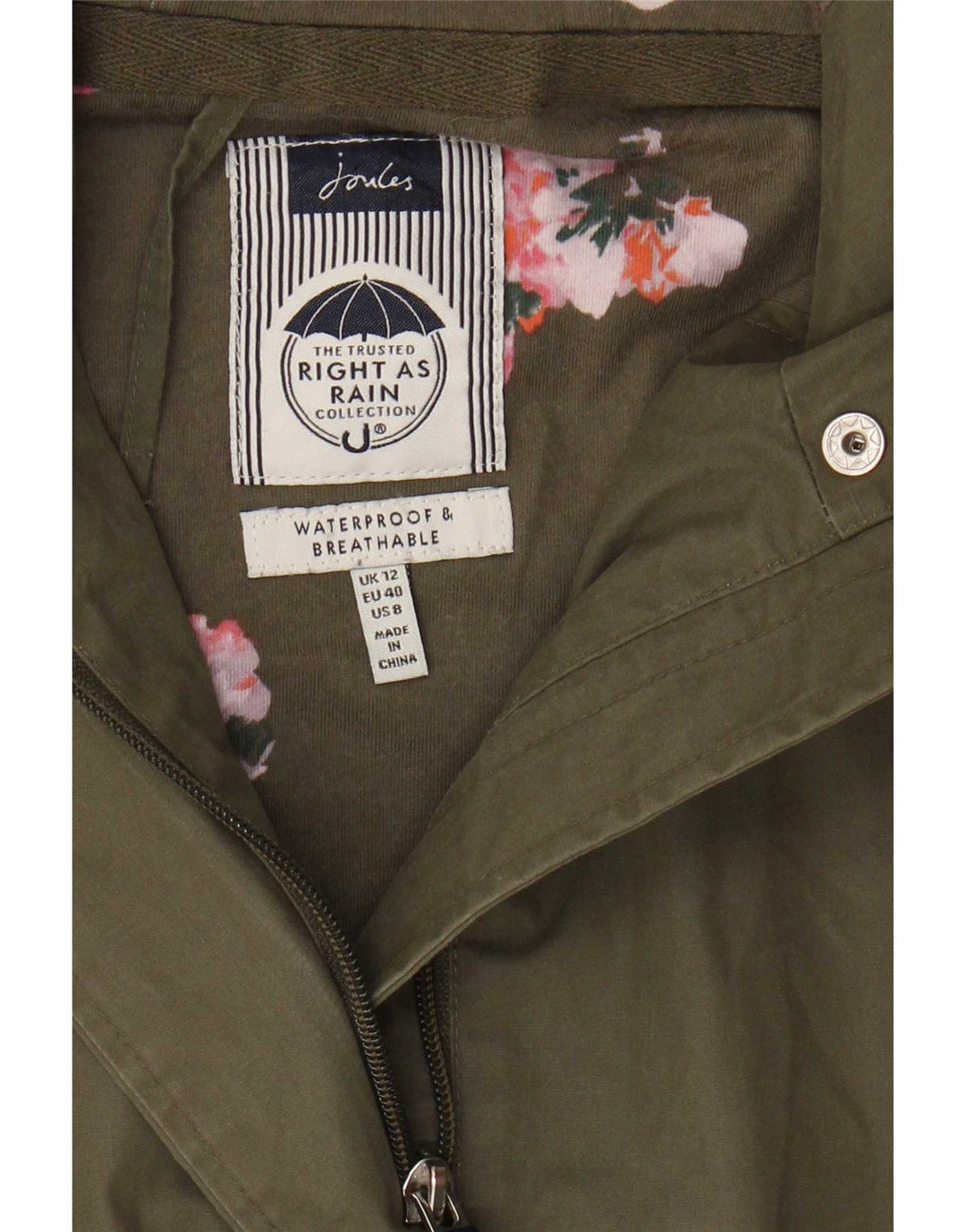 Capa de chuva feminina com capuz Joules UK 12 médio cáqui