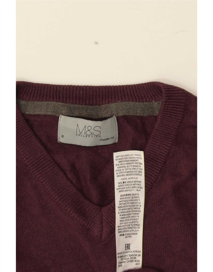 Suéter masculino Marks & Spencer com ajuste regular e decote em V, pequeno Borgonha