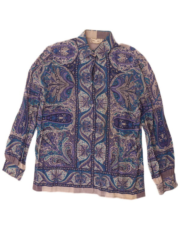 Blusa feminina vintage Reino Unido 16 grande seda paisley azul