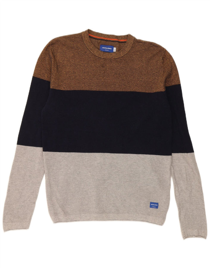 Suéter masculino Jack & Jones com gola redonda, grande bloco colorido multicolorido