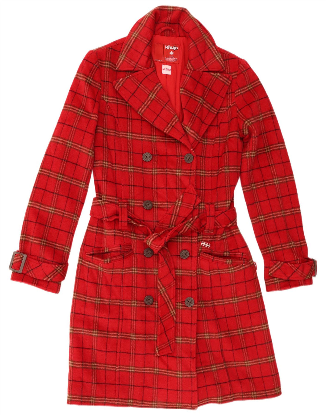 Casaco feminino KHUJO com peito duplo Reino Unido 12 lã xadrez vermelha média