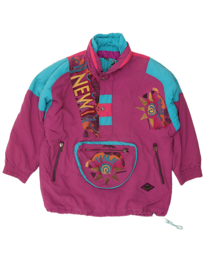 Jaqueta de esqui pulôver gráfico masculino vintage Reino Unido 44 2XL bloco colorido roxo
